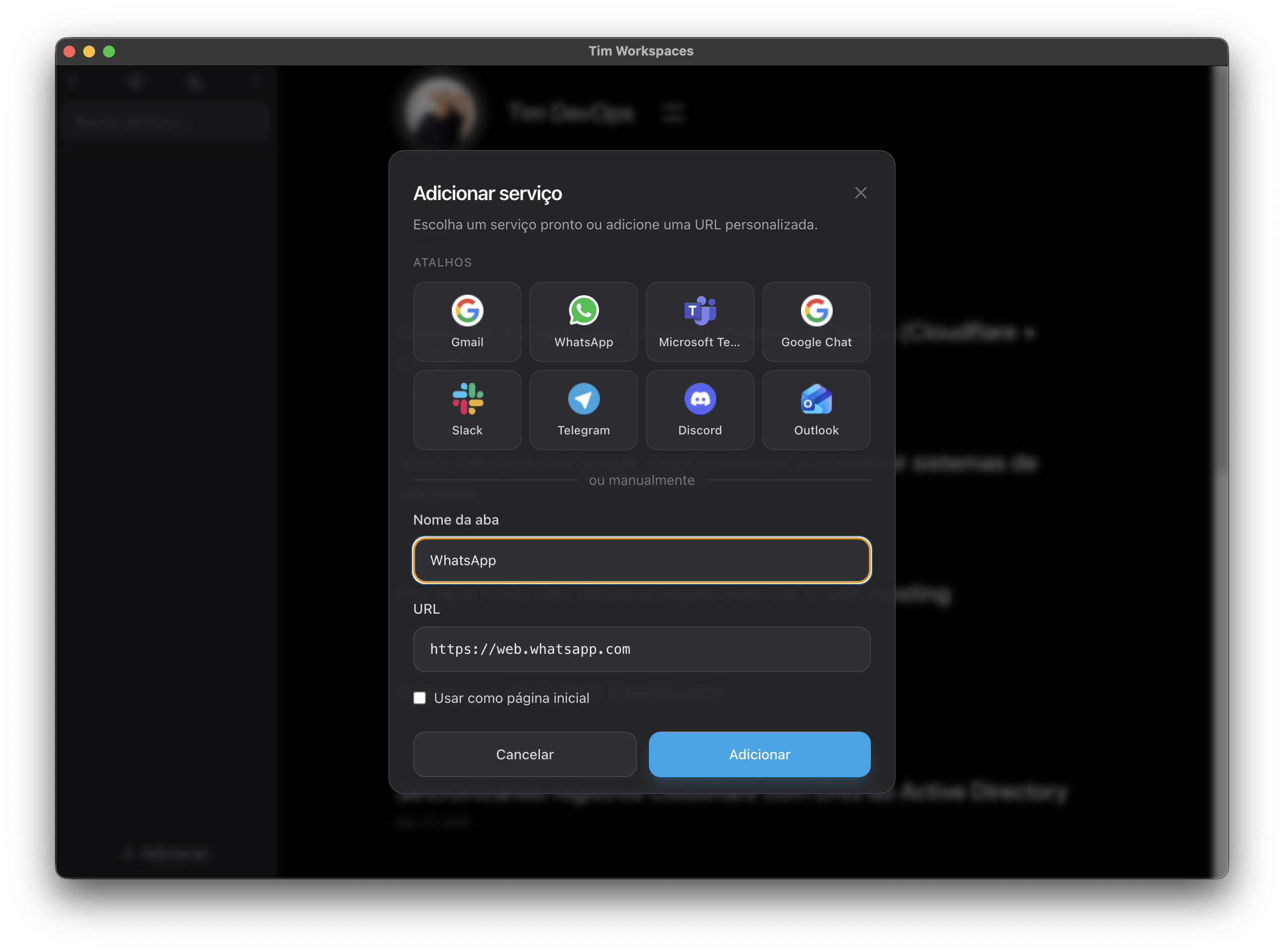 Tim Workspaces — interface principal