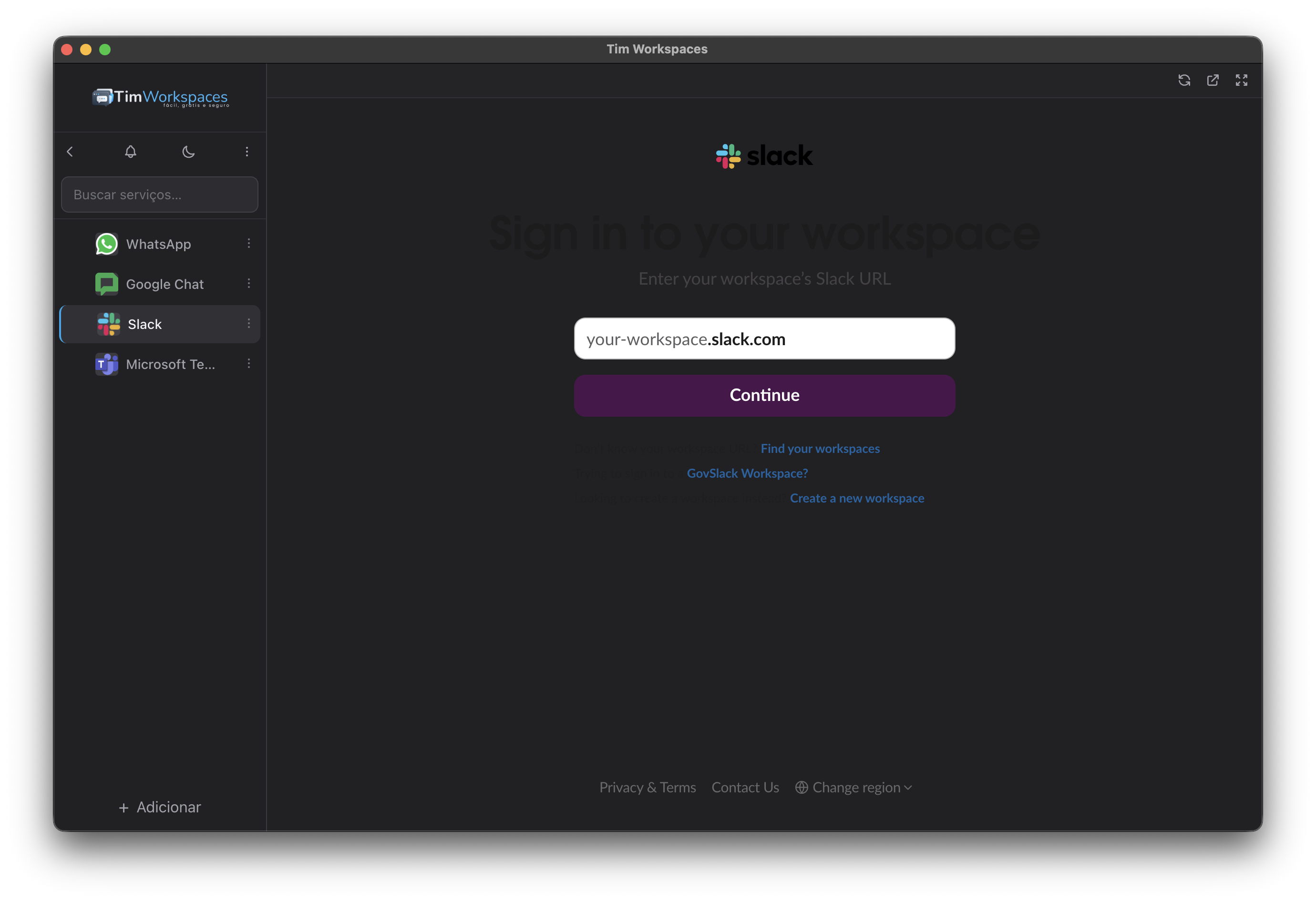 Tim Workspaces — lista de serviços